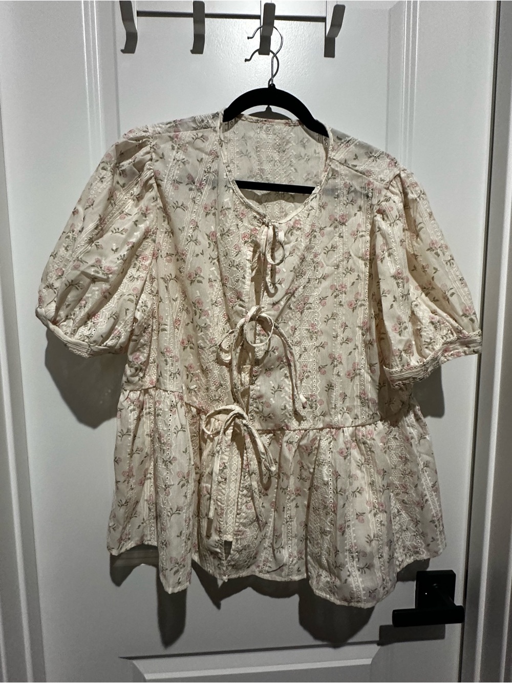 Floral Tie-Front Peplum Top - Cream with Pink Floral